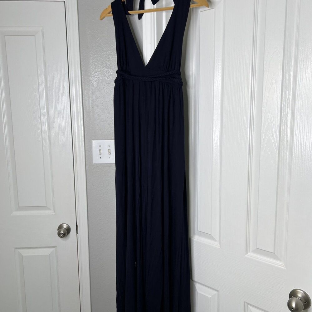 J Crew Halter Maxi Dress Size 12 Navy Blue Braided Belt Tie Knit Stretch Resort